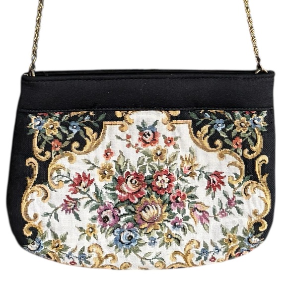 Vintage Handbags - 1950s Floral Petit Point Handbag Gold Frame Chain Strap Macau Vintage Mint Cond
